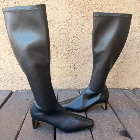 Shoes - Black faux leather knee high boots with square toe